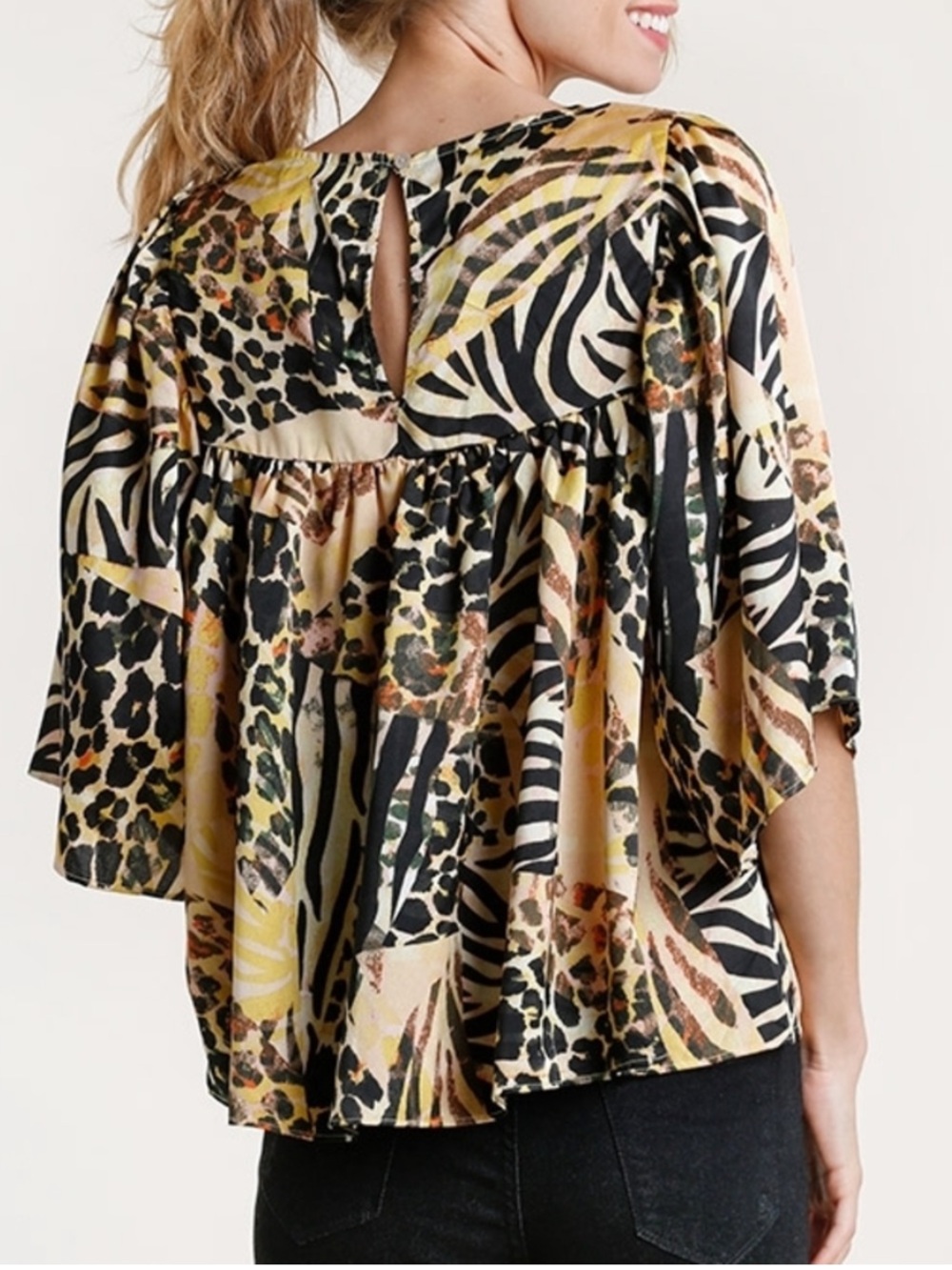Umgee Mixed Animal Print Satin Boho Blouse Yellow Black Flutter Sleeve NEW - Picture 2 of 3